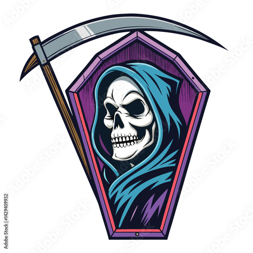 A detailed digital painting of a grim reaper's skull head, casting a vibrant neon green scythe shadow.  Focus on skull detail and neon effect.