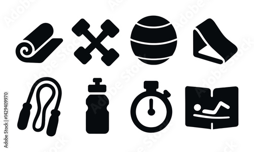 Fitness and workout solid icons set – silhouette style exercise, health, and gym symbols for personal training: yoga mat, dumbbells, exercise ball, towel, jump rope, water bottle, stopwatch, exercise