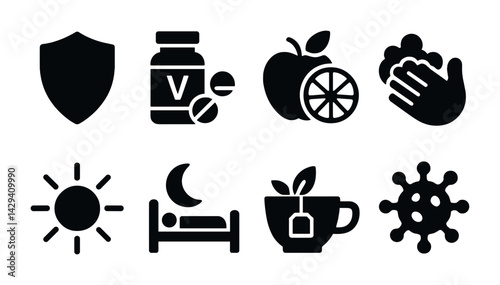 Health and wellness icon set – solid style healthcare, hygiene, and vitamin symbols for well-being: shield, vitamin bottle, fruit, hand washing, sun, bed, tea, virus.