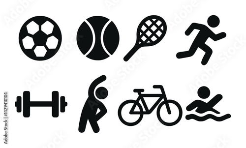 Sports and fitness silhouette icon set – solid style exercise, activity, and wellness symbols for healthy lifestyle: soccer ball, tennis ball, racket, runner, dumbbell, cyclist, swimmer.