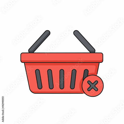 Shopping cart with a red X mark on it. This icon conveys a sense of cancellation or rejection. It can be used in web design and app development to indicate removing items from a shopping cart.