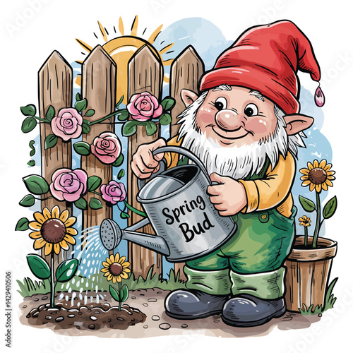 garden gnome watering flowers vector cartoon character illustration