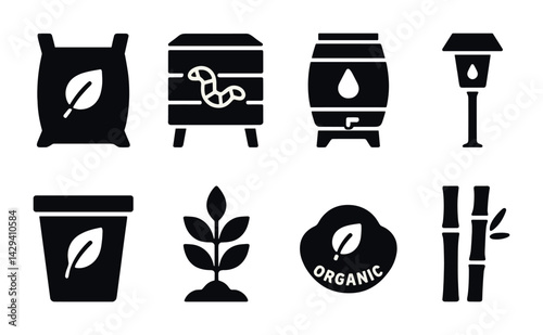 Sustainable agriculture solid icons set – eco-friendly, organic farming and gardening symbols in silhouette style: compost bag, beehive, rain barrel, garden lamp, leaf pot, plant, organic label,