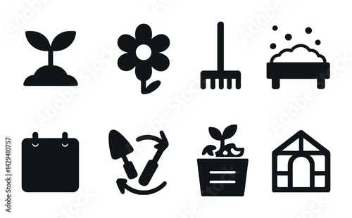 Gardening icon set - solid style horticulture, landscaping, and nature symbols for green projects: seedling, flower, rake, compost bin, calendar, trowels, potted plant, greenhouse.