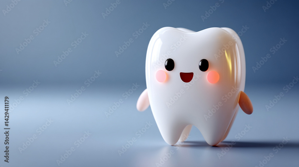 Cute 3D shiny white tooth with a cheerful smile on a bright minimalistic background symbolizing dental health happiness cleanliness and care with space on the side for copy or branding