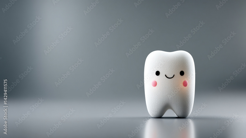 Cute 3D shiny white tooth with a cheerful smile on a bright minimalistic background symbolizing dental health happiness cleanliness and care with space on the side for copy or branding
