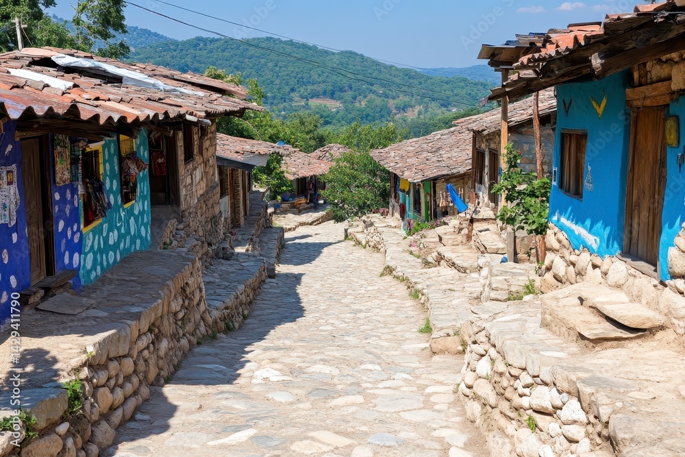 Obraz premium Sunlit Stone Street and Colorful Houses in a Hillside Village