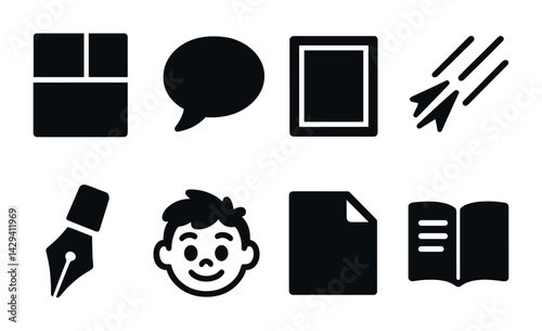 Creative writing and communication icon pack – solid style writing tools, education, and messaging symbols: notebook, speech bubble, tablet, pencil, pen, child, document, book.