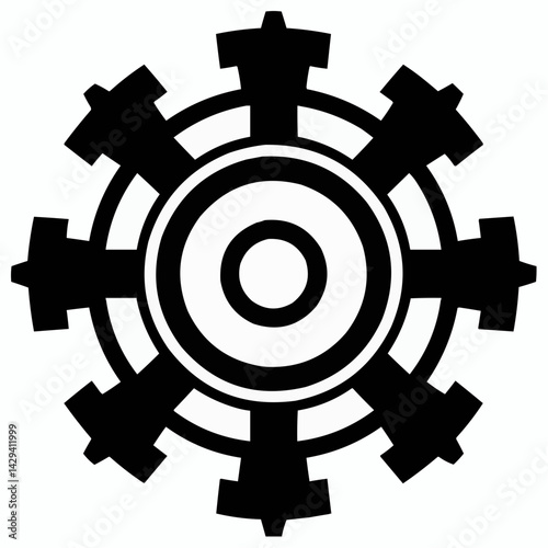 A mechanical gear image displayed in black and white. It's a symbol of industry and engineering