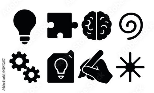 Creative brainstorming and innovation icon set – solid style for idea generation and problem solving: lightbulb, puzzle, brain, spiral, gears, blueprint, pencil, starburst.