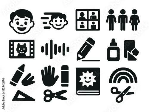 Educational and learning solid icons set – filled style school, children, and classroom symbols for teaching materials: student, video call, art supplies, sound waves, rainbow.