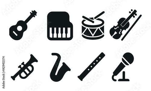Music instrument silhouette icons set – solid style for musical creativity and performance: guitar, piano, drums, violin, trumpet, saxophone, flute, microphone.