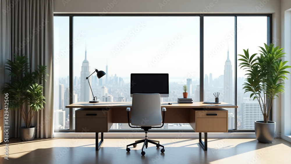 A modern spacious office with workstations equipped with computers and office chairs, stylized as minimalism. On the walls there are vertical wooden empty white frames.