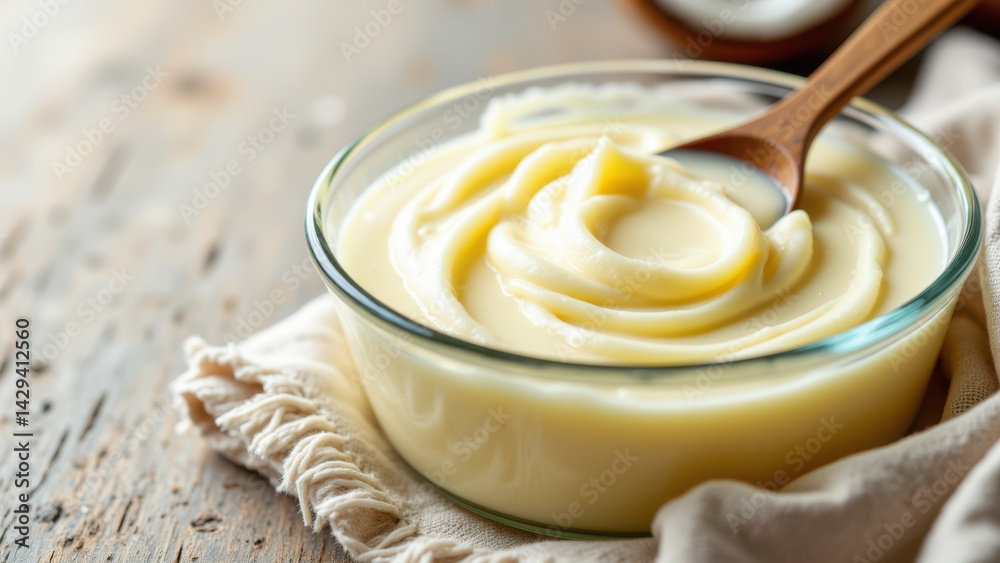 Keto-friendly creamy sauce in a glass dish on wooden table with cloth napkin. Keto-friendly creamy sauce in a glass dish on wooden table with cloth napkin.