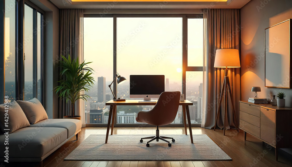 A modern spacious office with workstations equipped with computers and office chairs, stylized as minimalism. On the walls there are vertical wooden empty white frames.