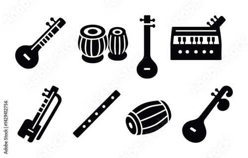 Indian musical instruments icons set – solid style classical, folk, and cultural symbols for music design: sitar, tabla, veena, harmonium, flute, dholak, sarangi.