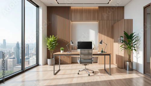 A modern spacious office with workstations equipped with computers and office chairs, stylized as minimalism. On the walls there are vertical wooden empty white frames.