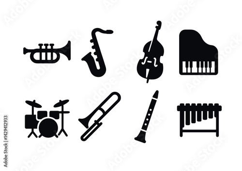 Music instrument solid icons set – silhouette style for musical events, band, and orchestra design: trumpet, saxophone, double bass, piano, drum set, trombone, clarinet, xylophone.