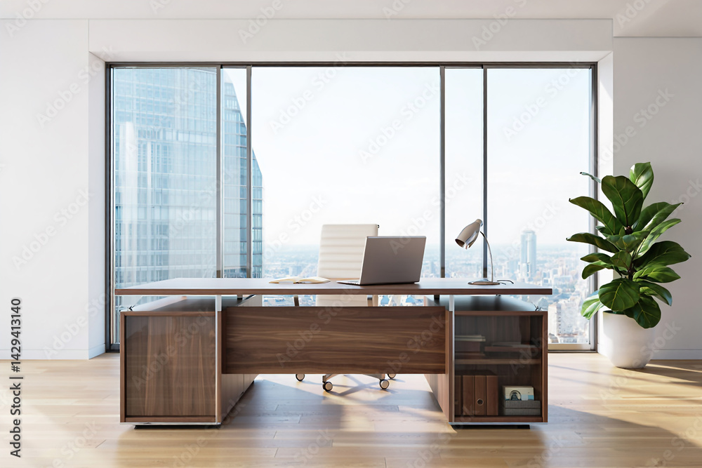 A modern spacious office with workstations equipped with computers and office chairs, stylized as minimalism. On the walls there are vertical wooden empty white frames.
