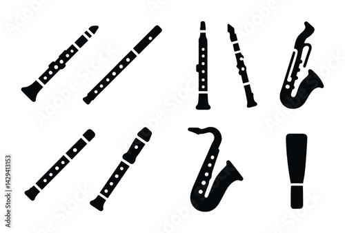 Musical instrument silhouette icon set - solid style jazz, orchestra, and band illustrations: saxophone, clarinet, exclamation mark for music theme designs.