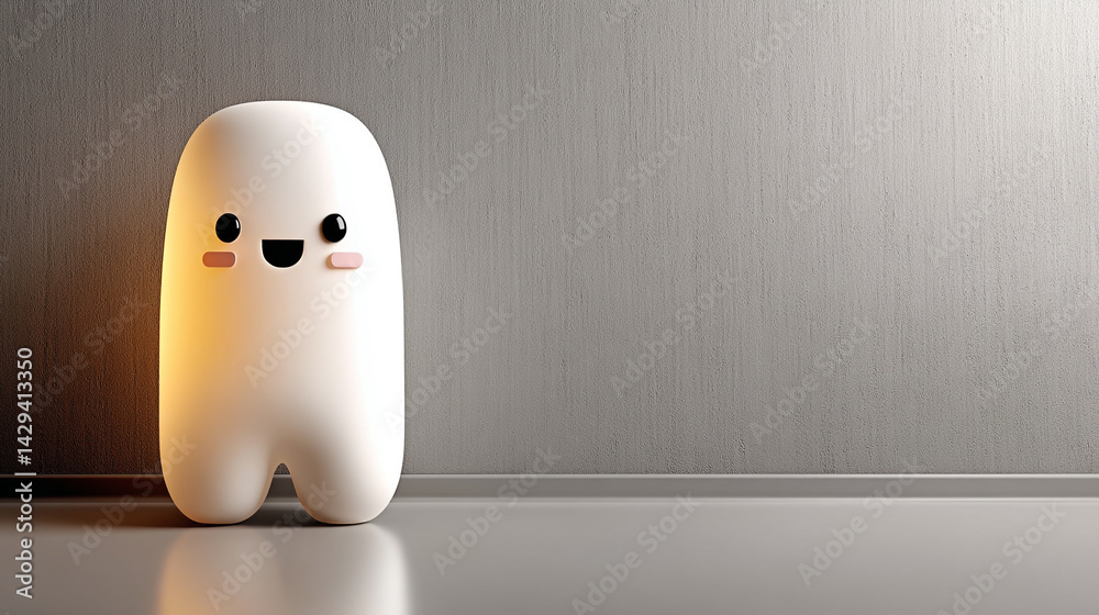 Cute 3D shiny white tooth with a cheerful smile on a bright minimalistic background symbolizing dental health happiness cleanliness and care with space on the side for copy or branding