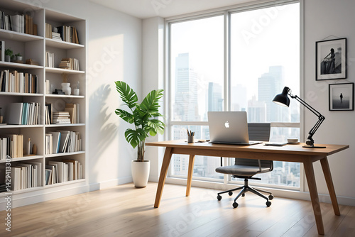 A modern spacious office with workstations equipped with computers and office chairs, stylized as minimalism. On the walls there are vertical wooden empty white frames.
