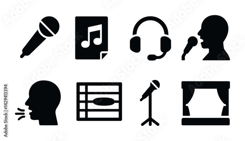 Audio and music solid icons set – silhouette style podcast, broadcast, and sound design symbols for creative projects: microphone, music note, headphones, speaker, studio, stage.