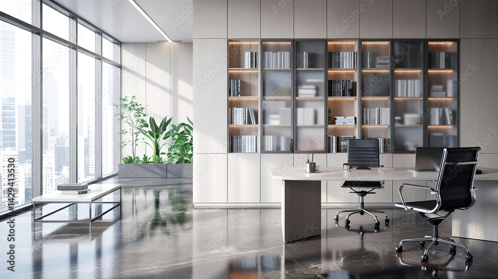 A modern spacious office with workstations equipped with computers and office chairs, stylized as minimalism. On the walls there are vertical wooden empty white frames.