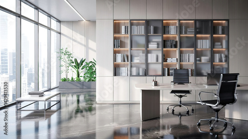 Obraz na płótnie A modern spacious office with workstations equipped with computers and office chairs, stylized as minimalism. On the walls there are vertical wooden empty white frames. w salonie