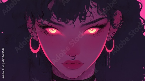 Intense, glowing eyes of a stylized female character. photo