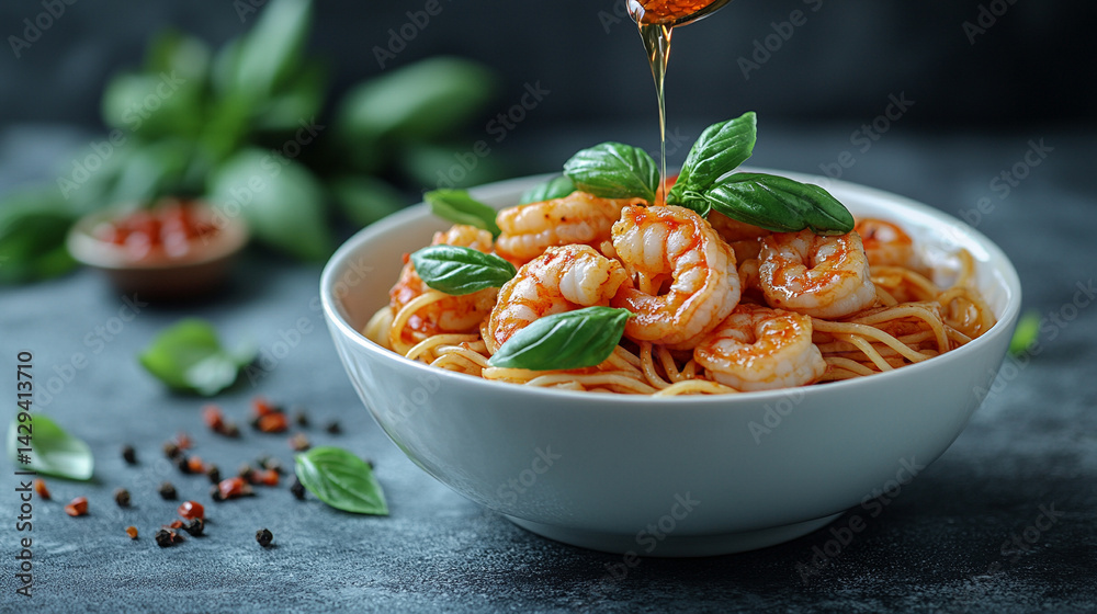 Delicious shrimp spaghetti served in a white bowl garnished with fresh basil symbolizes culinary elegance, Mediterranean flavors, comfort food, and the art of simple gourmet cuisine