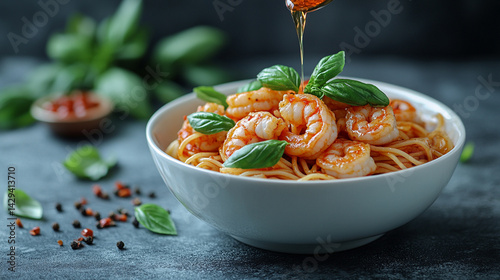Obraz na płótnie Delicious shrimp spaghetti served in a white bowl garnished with fresh basil symbolizes culinary elegance, Mediterranean flavors, comfort food, and the art of simple gourmet cuisine
w salonie
