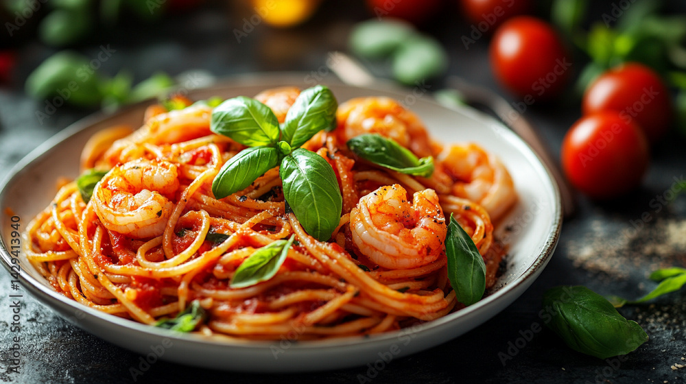 Delicious shrimp spaghetti served in a white bowl garnished with fresh basil symbolizes culinary elegance, Mediterranean flavors, comfort food, and the art of simple gourmet cuisine