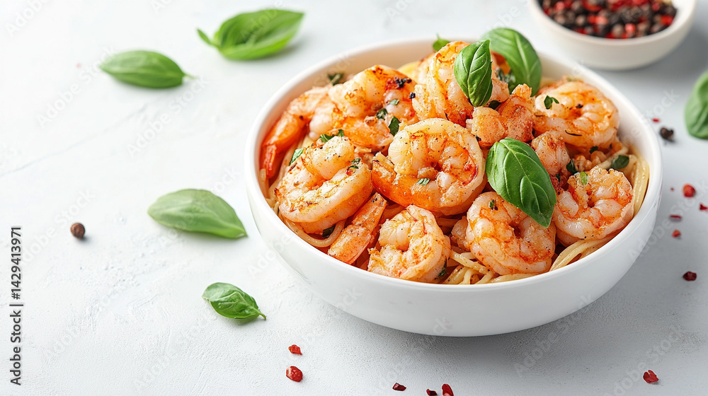 Delicious shrimp spaghetti served in a white bowl garnished with fresh basil symbolizes culinary elegance, Mediterranean flavors, comfort food, and the art of simple gourmet cuisine