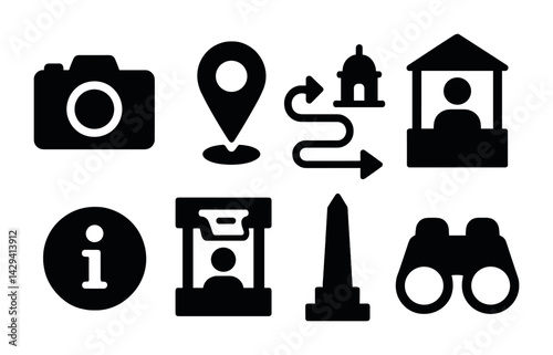 Urban exploration silhouette icons set – filled style city navigation, architecture, and sightseeing symbols: camera, location pin, city map, kiosk, info booth, monument, binoculars.