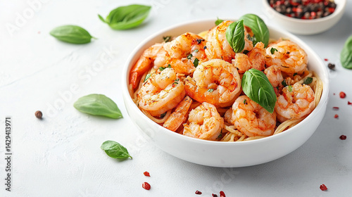 Obraz na płótnie Delicious shrimp spaghetti served in a white bowl garnished with fresh basil symbolizes culinary elegance, Mediterranean flavors, comfort food, and the art of simple gourmet cuisine
w salonie