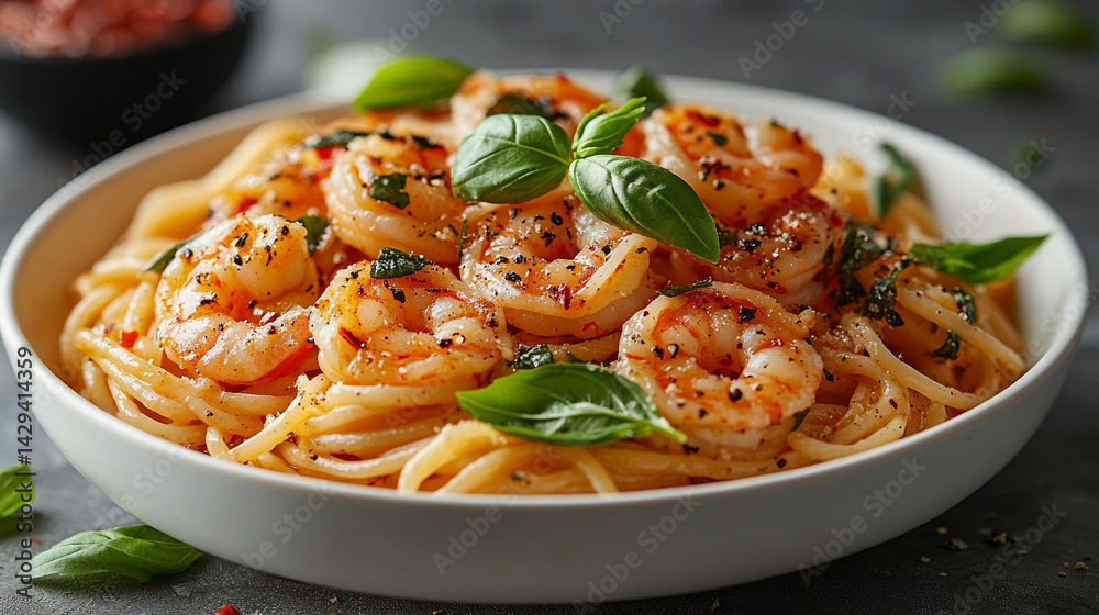 Delicious shrimp spaghetti served in a white bowl garnished with fresh basil symbolizes culinary elegance, Mediterranean flavors, comfort food, and the art of simple gourmet cuisine