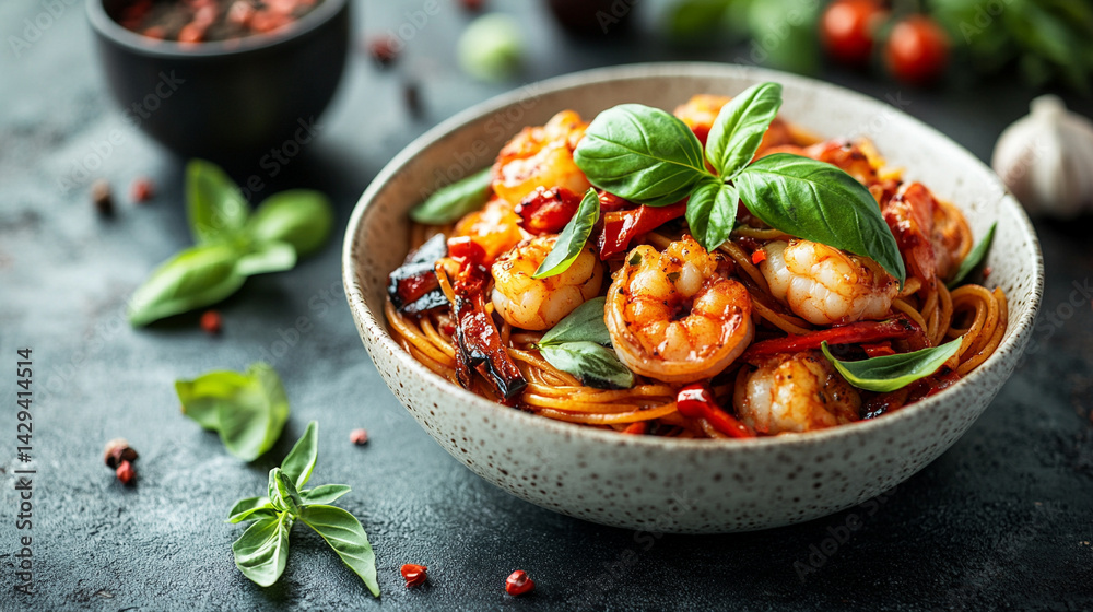 Delicious shrimp spaghetti served in a white bowl garnished with fresh basil symbolizes culinary elegance, Mediterranean flavors, comfort food, and the art of simple gourmet cuisine