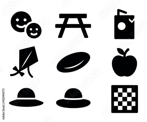 Outdoor picnic silhouette icons set – solid style recreation, leisure, and summer symbols for relaxation: smiley face, picnic table, juice box, kite, frisbee, apple, sun hat, checkerboard.