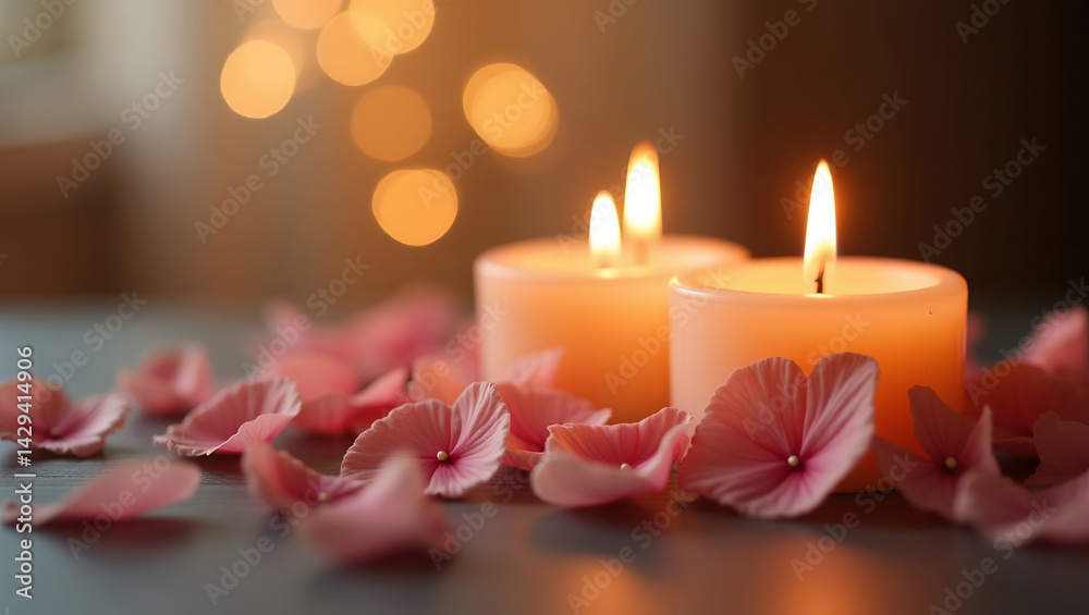 close-up of two candles with soft golden flames, located next to each other, surrounded by delicate, scattered rose petals, romantic atmosphere