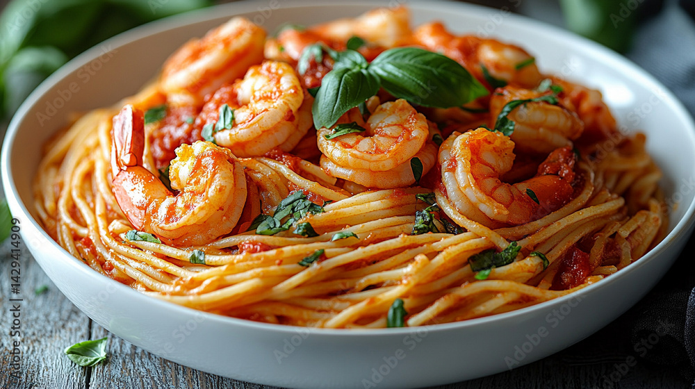Delicious shrimp spaghetti served in a white bowl garnished with fresh basil symbolizes culinary elegance, Mediterranean flavors, comfort food, and the art of simple gourmet cuisine