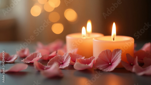 Obraz na płótnie close-up of two candles with soft golden flames, located next to each other, surrounded by delicate, scattered rose petals, romantic atmosphere
w salonie