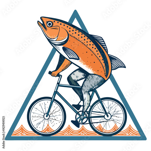 A cartoon fish hilariously rides a bicycle inside a whimsical, brightly colored train carriage.  Details should be vibrant and playful.