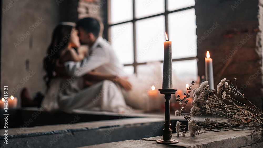 close-up of two candles with soft golden flames, located next to each other, surrounded by delicate, scattered rose petals, romantic atmosphere