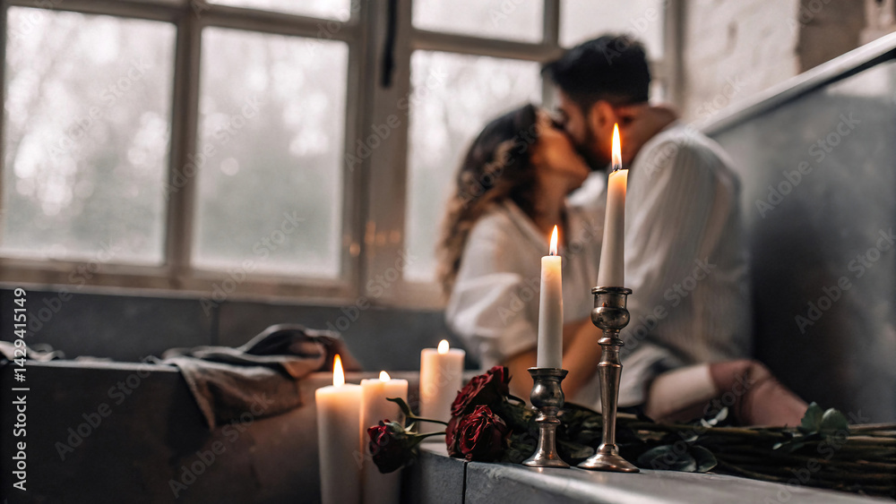 close-up of two candles with soft golden flames, located next to each other, surrounded by delicate, scattered rose petals, romantic atmosphere