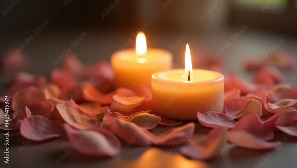 close-up of two candles with soft golden flames, located next to each other, surrounded by delicate, scattered rose petals, romantic atmosphere