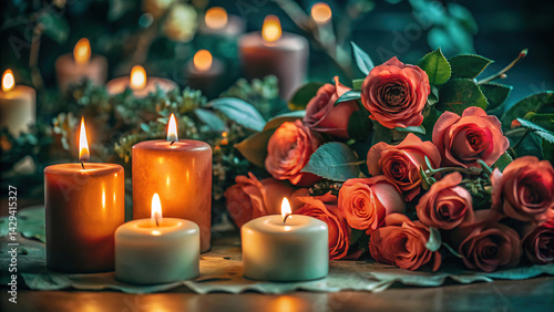 close-up of two candles with soft golden flames, located next to each other, surrounded by delicate, scattered rose petals, romantic atmosphere	
