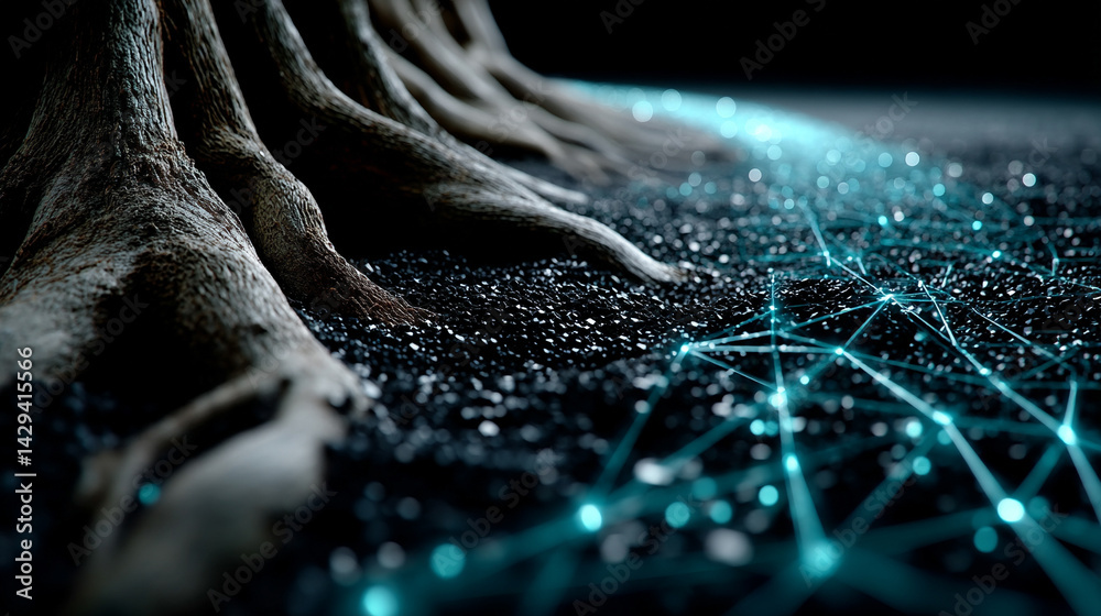 Digital tree roots with glowing lights symbolize the fusion of technology and nature highlighting the interconnectedness of biological systems and digital networks in a futuristic aesthetic
