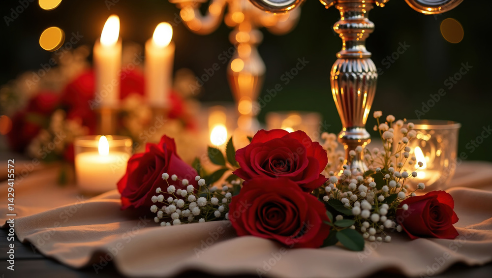 close-up of two candles with soft golden flames, located next to each other, surrounded by delicate, scattered rose petals, romantic atmosphere