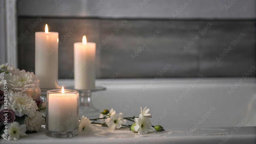 close-up of two candles with soft golden flames, located next to each other, surrounded by delicate, scattered rose petals, romantic atmosphere
